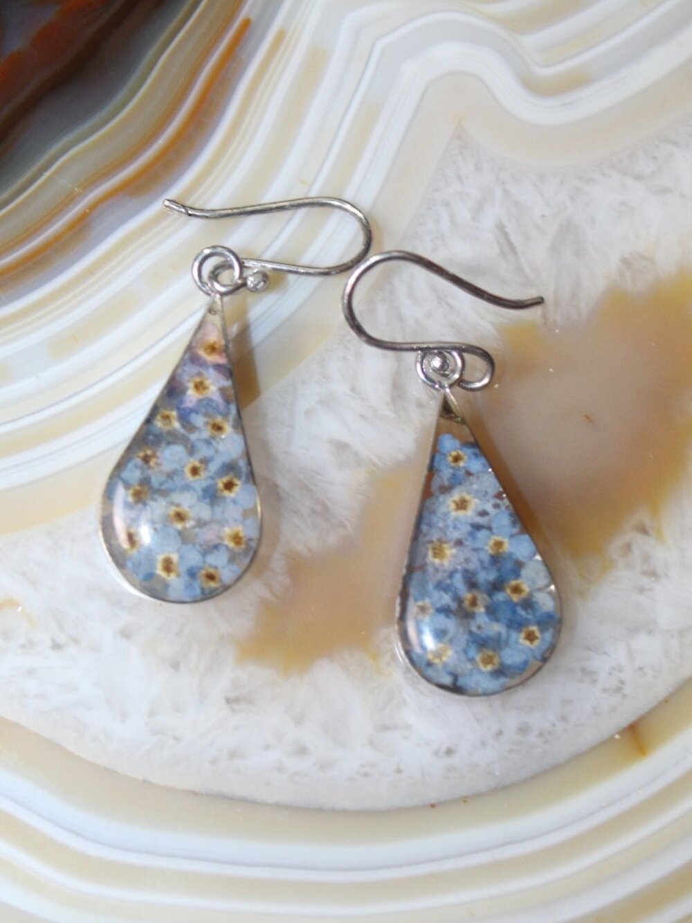Vintage Mexican Sterling Silver Blue Floral Dangle Earrings ATI .925 Mexico